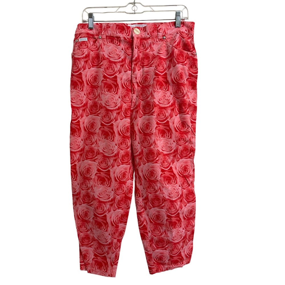 ESCADA Floral Rose Print Straight Leg Pants Pink Red Stretch Cotton Size 42 12